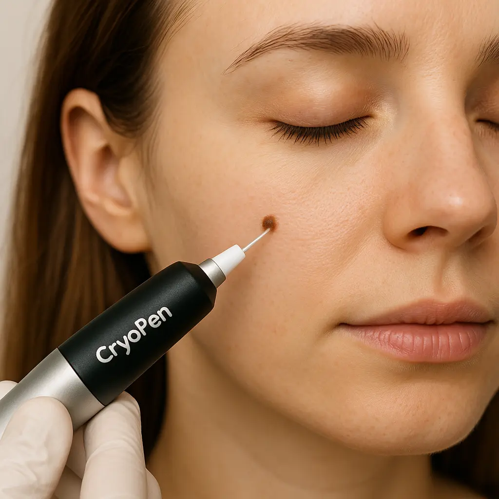 woman receiving facial mole removal Daventry using cryopen 